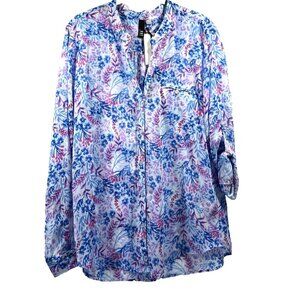 Kut From The Kloth Women's Blouse Size L Blue Floral Sheer Roll Tab Long Sleeves